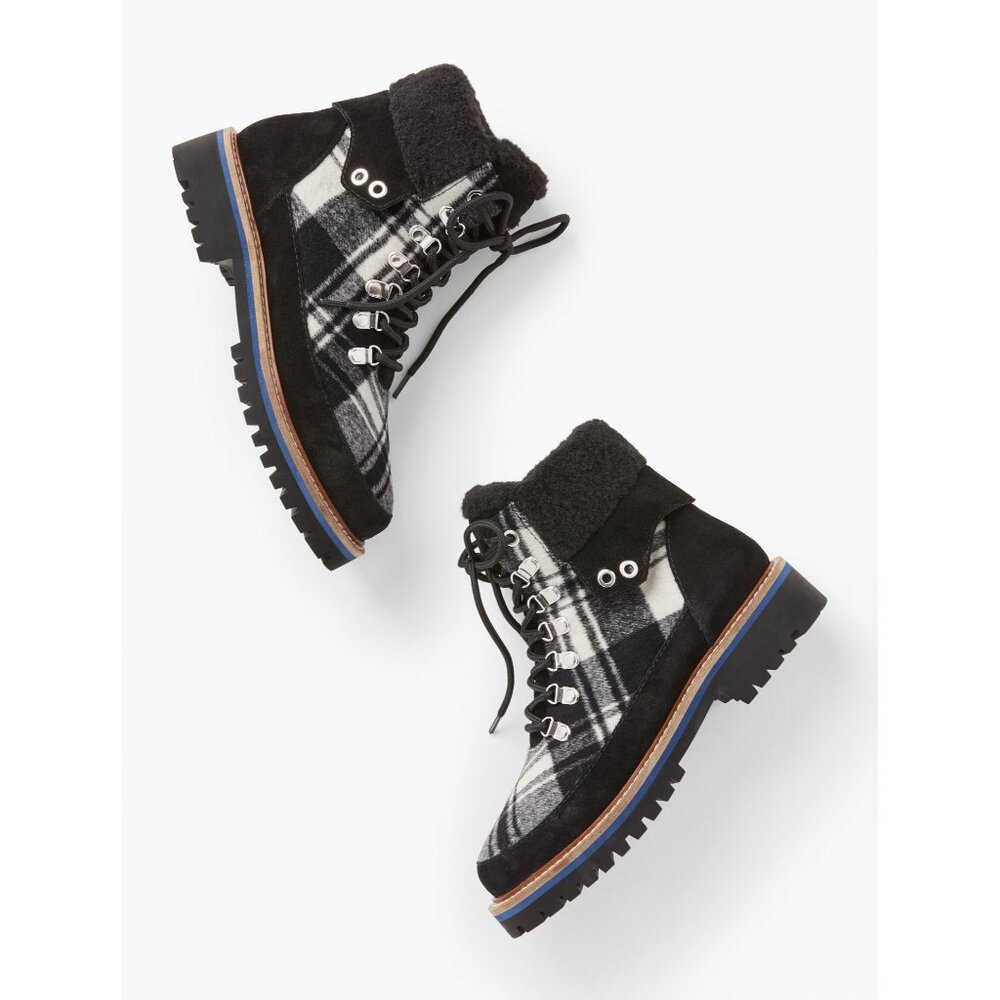 Talbots Jilly Hike Black & Ivory Plaid Lace-Up Ankle Boots Faux Size 7.5M